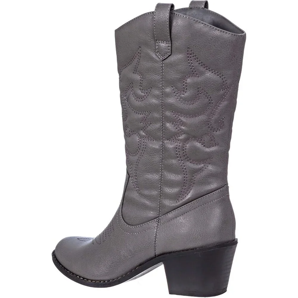 Women's Grey Mid Calf Boot Embroidered Stiching Western Cowgirl Boots Low Heel